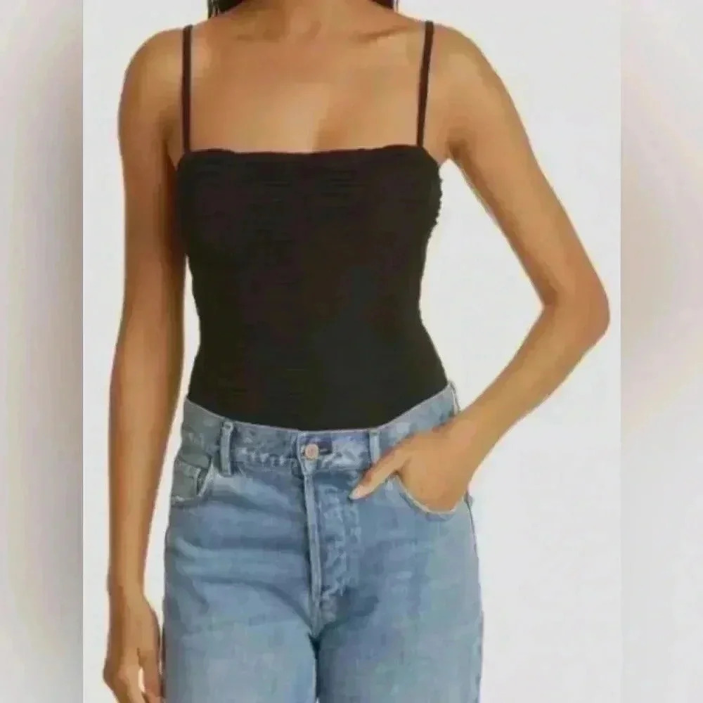 $248 Goldsign Women's Black The Ezra Shirred Bodysuit Size X-Small‎